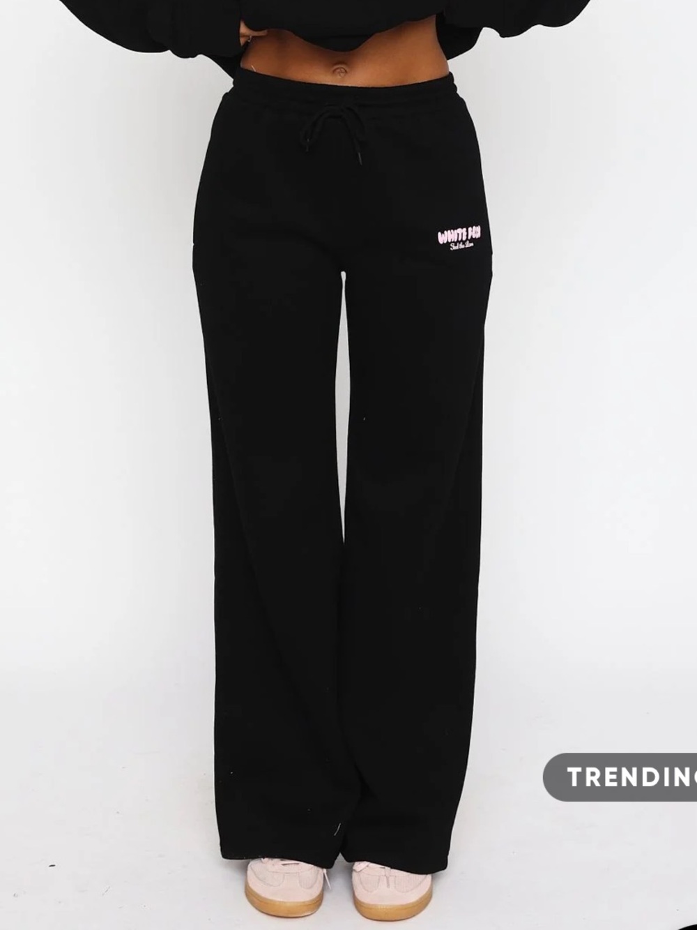 White Fox Boutique Black Wide Leg  Sweatpants with Pink Logo